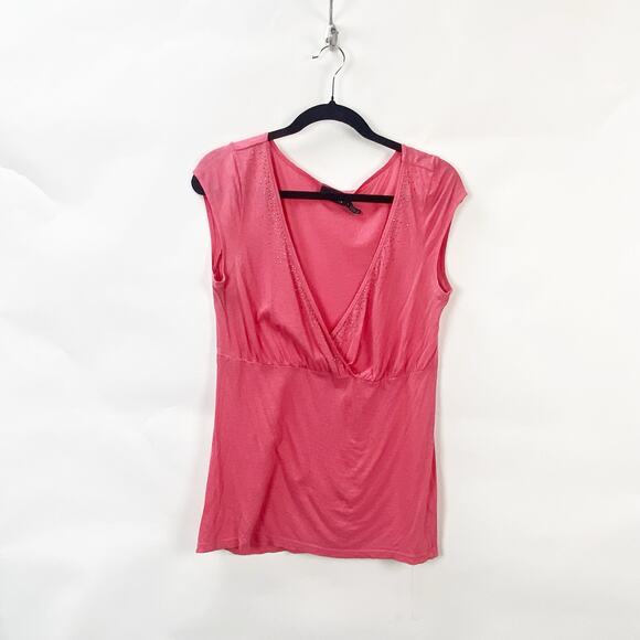 2/$30 The Limited Large Womens Salmon Pink Embellished Cap Sleeve Stretch Top - Picture 1 of 12